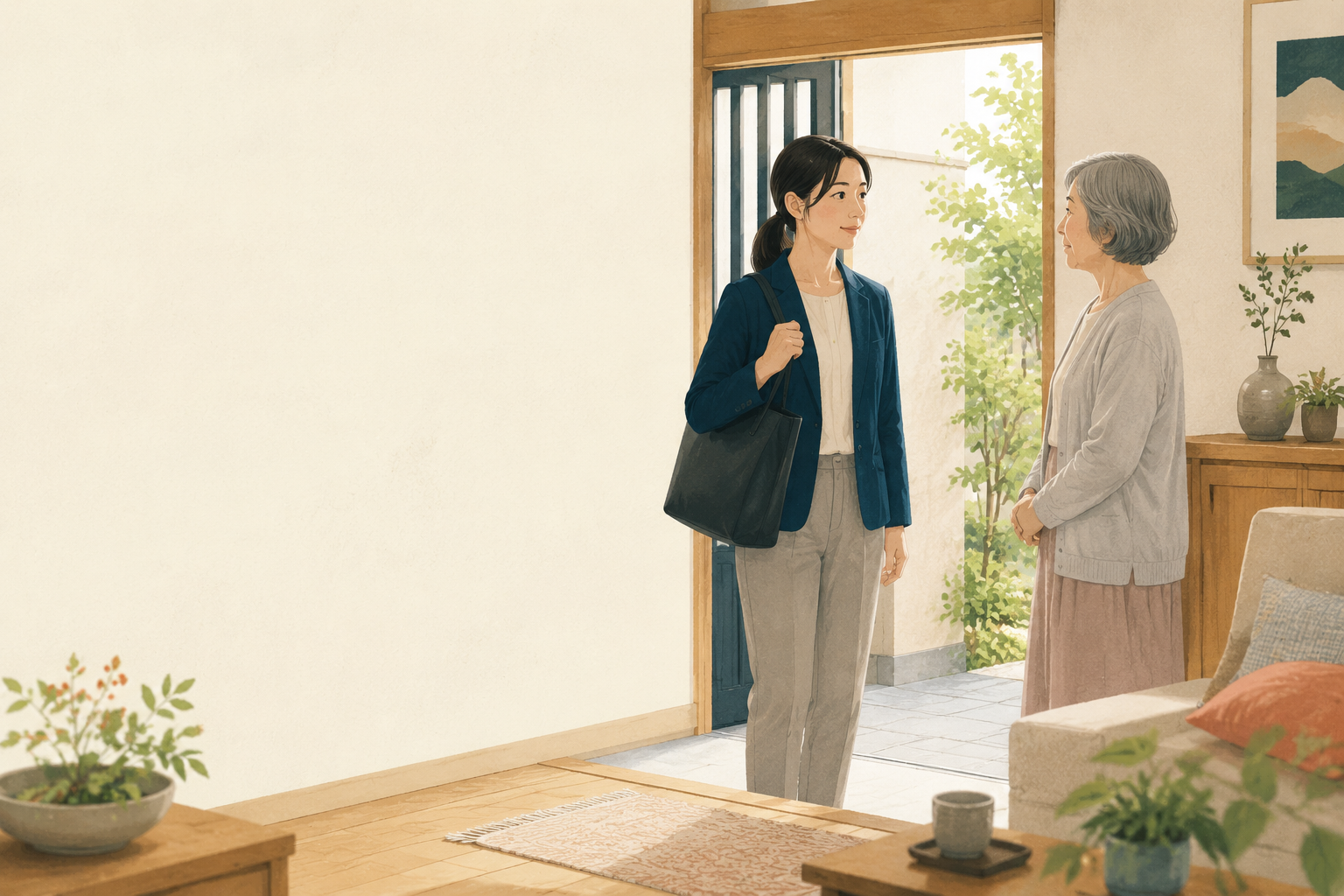 訪問介護スタッフと利用者が穏やかに会話するイラスト