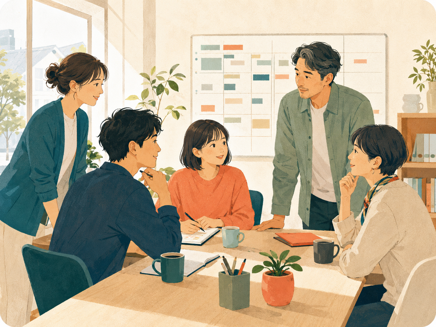 スタッフが明るい事務所で打ち合わせをするイラスト